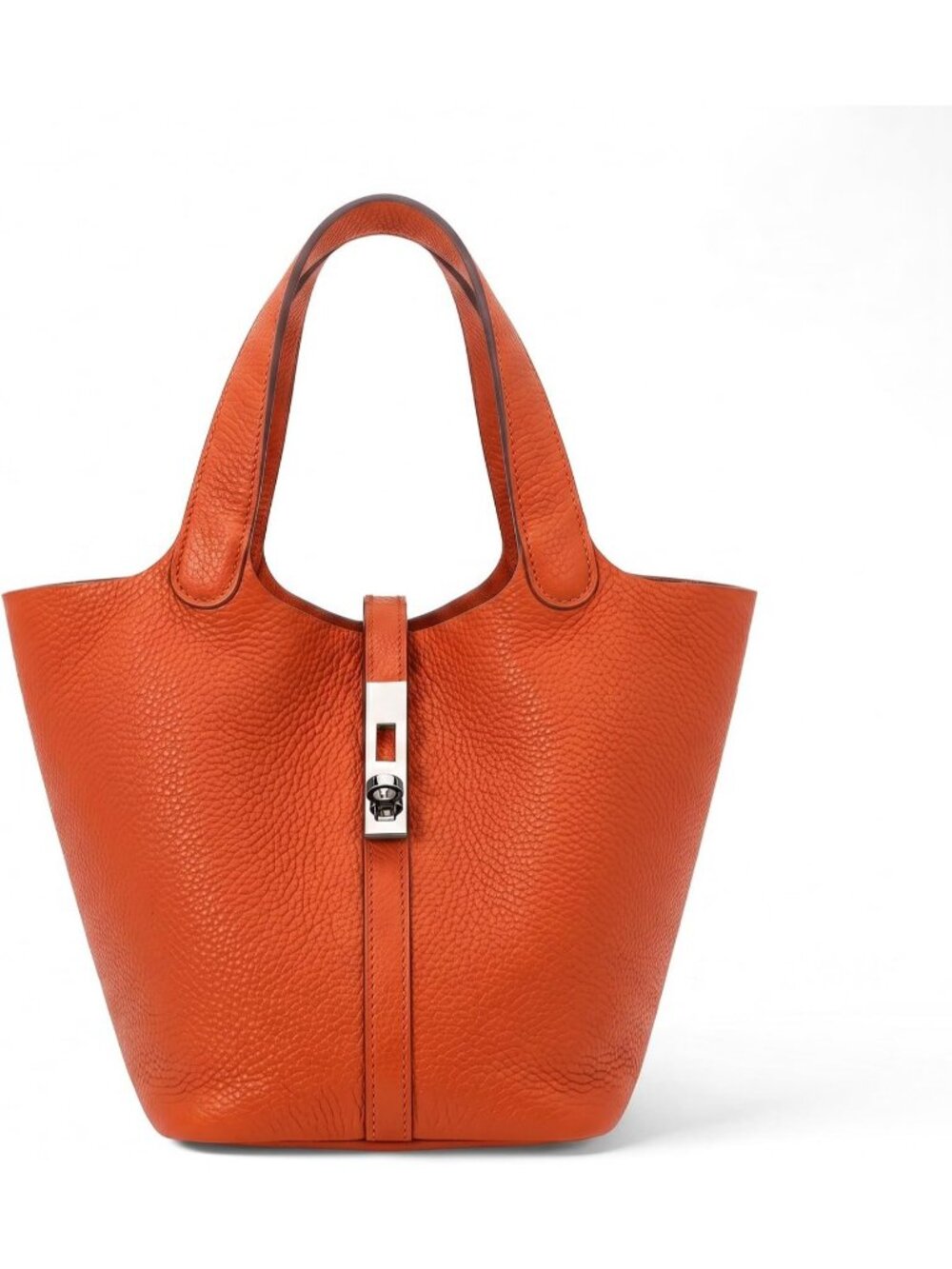 Women's Orange Vegan Leather Satchel Tote Handle Lock Design Bucket Purse